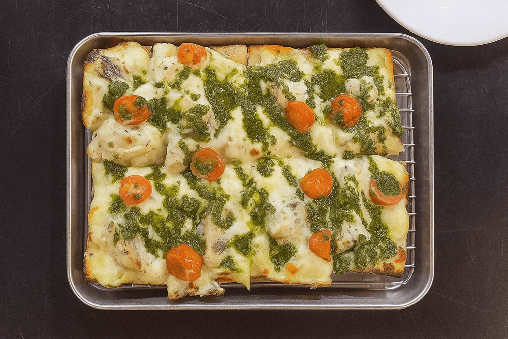 Signature rectangular Detroit-style pizza with crispy Frico cheese edges